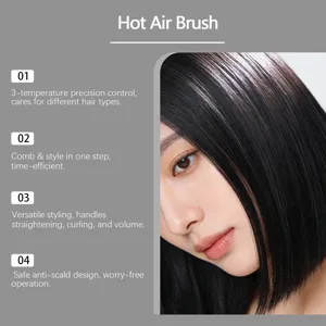 Hot air brush detail view showing 3-temperature control and anti-scald design for daily styling.