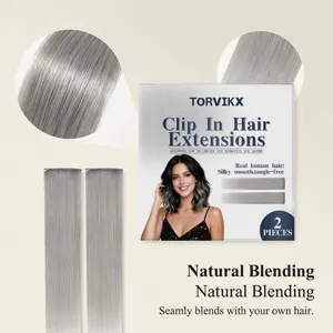TORVIKX silver gray clip in human hair extensions 2 pieces set silky smooth natural blend