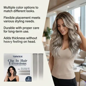 Clip-in hair extensions in silver gray, made with real human hair for natural length and volume.