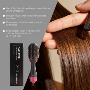 4-in-1 hot air brush hair dryer and styler detail showing wet and dry use and frizz reduction.