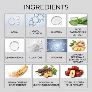 Natural botanical ingredients and plant extracts detailed chart for nourishing hair care oil.