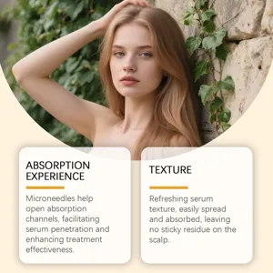 Kopfhaut Haarserum Absorptions Textur Detail, erfrischende Formel, nicht klebende Szene.