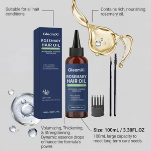 Detail view of GleamXi rosemary hair oil with dropper and nourishing organic botanical formula.