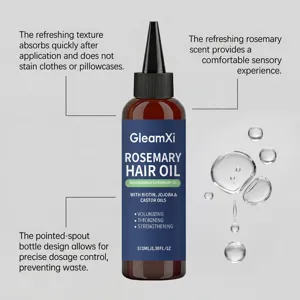 GleamXi rosemary hair oil with biotin and jojoba for nourishing and thickening hair.
