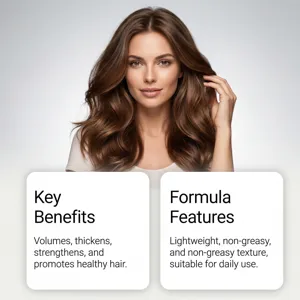 Detailed view highlighting key hair care benefits and lightweight formula features.
