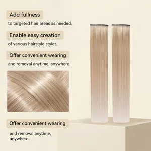 Synthetic blonde clip-in hair extensions detail showing smooth texture and easy volume enhancement.