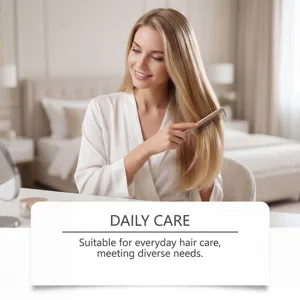 Detail shot of woman combing blonde hair in bedroom, daily care scene for hair mask product.
