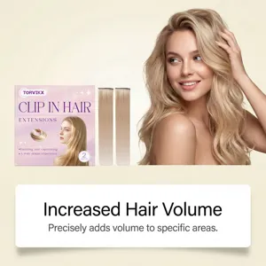 TORVIKX clip-in hair extensions detail view showcasing blonde hair wefts and packaging.
