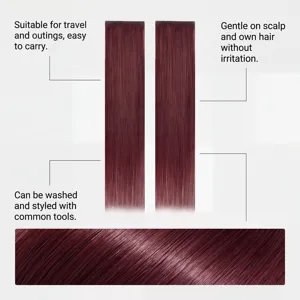 Detailed view of burgundy clip-in hair extensions showing smooth texture and styling quality.