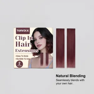 Detailed view of TORVIKX burgundy clip-in hair extensions showing natural blending and smooth texture.