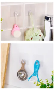 Transparent adhesive wall hooks set for bathroom and kitchen seamless hanging utility storage.
