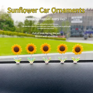 Cute shaking sunflower car dashboard ornament, healing floral interior decor for auto console.