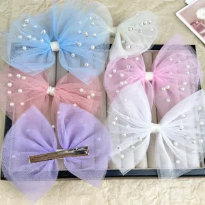 Cute mesh 3D pearl bow hair clip set, sweet tulle hair barrettes for women and girls.