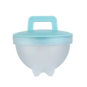 Silicone egg poacher mold with blue lid and stand for kitchen breakfast cooking tools.