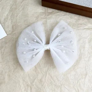 White mesh pearl bow hair clip elegant princess hairpin for girls stage performance accessories