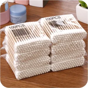 Einmalige doppelseitige Wattestäbchen 100 Stk Holzstäbchen Make-up Kosmetik Baumwollknospen.