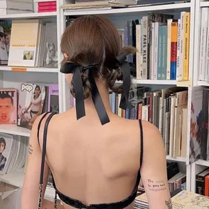 Ruban à cheveux nœud noir pour femmes, accessoires élégants tresses queue de cheval printemps.