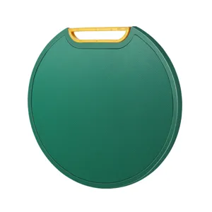 Round plastic cutting board with handle, anti-slip kitchen chopping board for fruit and food.