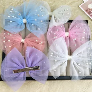 Mesh 3d pearl bow hair clip sweet cute hair accessories for women girls fashion daily wear