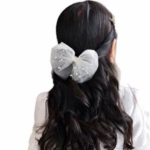 Mesh pearl bow hair clip for women and girls, elegant white tulle hair accessory for daily wear.
