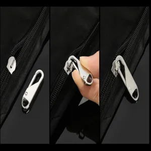 Detail shot of universal detachable metal zipper pull, ideal luggage and clothing repair accessory.