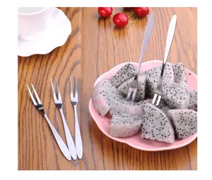 Stainless steel fruit forks set, two-tine dessert forks for home use, pitaya tasting tools.