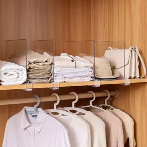 Acryl Schrank Regalteiler Detailansicht zeigt saubere Kleidung und Taschen Organisation.
