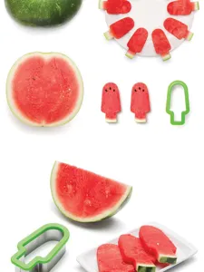 Dettaglio del tagliapasta per anguria con stampo a forma di ghiacciolo e frutta.