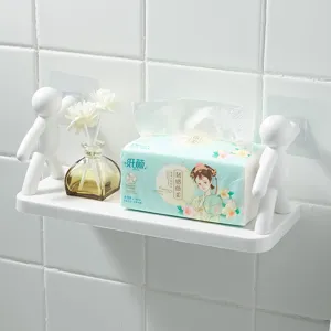 White adhesive wall-mounted storage shelf with cute human figures for bathroom kitchen.