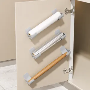 Punch-free kitchen cabinet door storage rack split clip organizer for cling film and rolls.