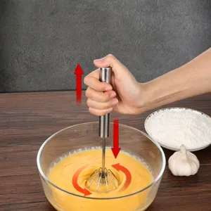 Stainless steel push-type semi-automatic egg whisk for efficient kitchen baking and cream mixing.