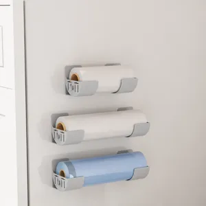 Wall-mounted plastic storage rack for kitchen cling film and garbage bags, 3-tier set.