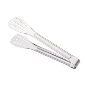 Stainless steel kitchen food tongs, slotted barbecue grilling steak clamp for cooking.