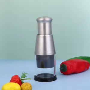 Stainless steel manual garlic press detail view, durable kitchen chopper tool for vegetables.