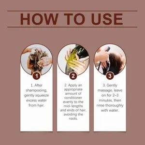 Graphique détaillé d'instructions d'utilisation du produit capillaire étape par étape.