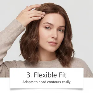 Braune, gewellte Perücke im Detail mit flexibler Passform für den täglichen, natürlichen Look.