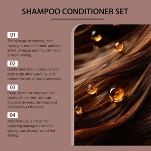 Vue detaillee d'un shampooing et apres-shampooing capillaire avec cheveux lisses et gouttes.