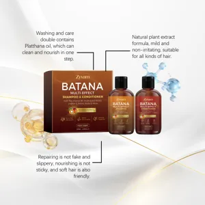 Gros plan détaillé du shampooing et après-shampooing à l'huile de Batana pour cheveux.