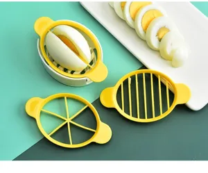 Detailed view of a multi-functional egg slicer with interchangeable blades for kitchen use.