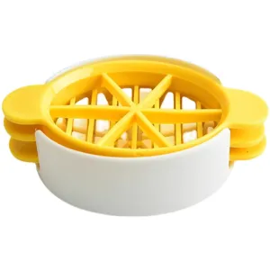 Multi-functional 3-in-1 egg slicer and cutter tool for kitchen, yellow and white plastic design.