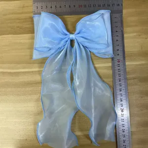 Light blue organza large bow hair clip streamer DIY decorative hair accessory for women.
