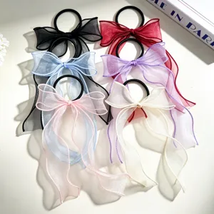 Zoete organza strik haarrekkers met lange linten, kleurrijke paardenstaart houder accessoires.