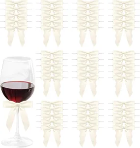 White satin ribbon bows with twist ties for party DIY, gift packaging, and wine glass decor.
