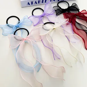 Lief haarelastiek met organza strik en lange linten, schattige Koreaanse stijl voor dagelijks.