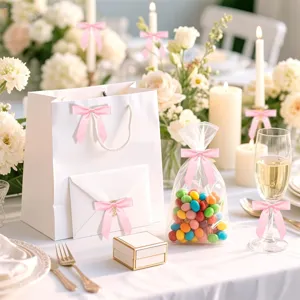 Pink satin bows DIY candy bags gift packaging party wedding table decoration details scene