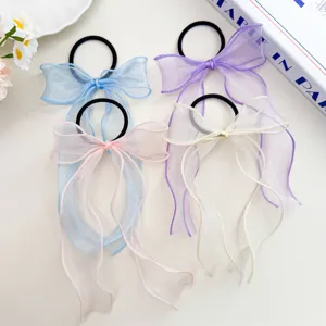 Leuke organza strik haarelastiek in Koreaanse stijl met lange linten voor damessieraden.