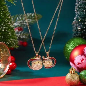 Collana con Pendente a Forma di Tazza di Tè di Babbo Natale e Mamma Natale in Lega di Zinco Oro con Strass e Perle Artificiali per Donna Gioielli Natalizi