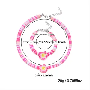 Detaillierte Maße des bunten Polymer-Ton-Halsketten- und Armband-Sets mit Blumenanhänger