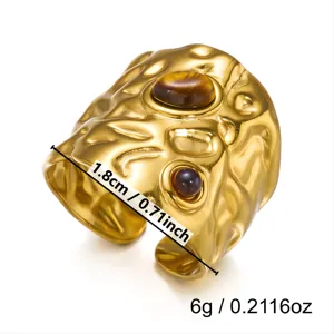 Detail view of the irregular lava tiger eye stainless steel ring with size and weight