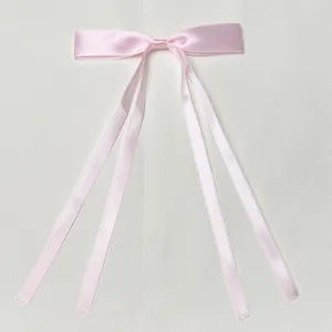 Pink satin ribbon bow hair clip with long double tails, sweet and cute daily accessory.